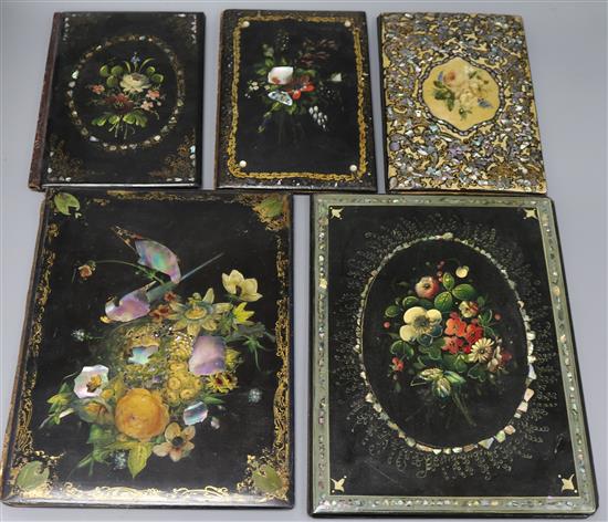 Five mother of pearl inlaid papier mache blotters / letter cases largest 30 x 23.5cm